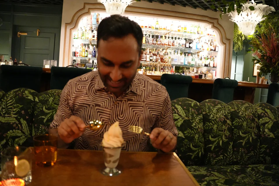 Sagar enjoying anniversary dessert