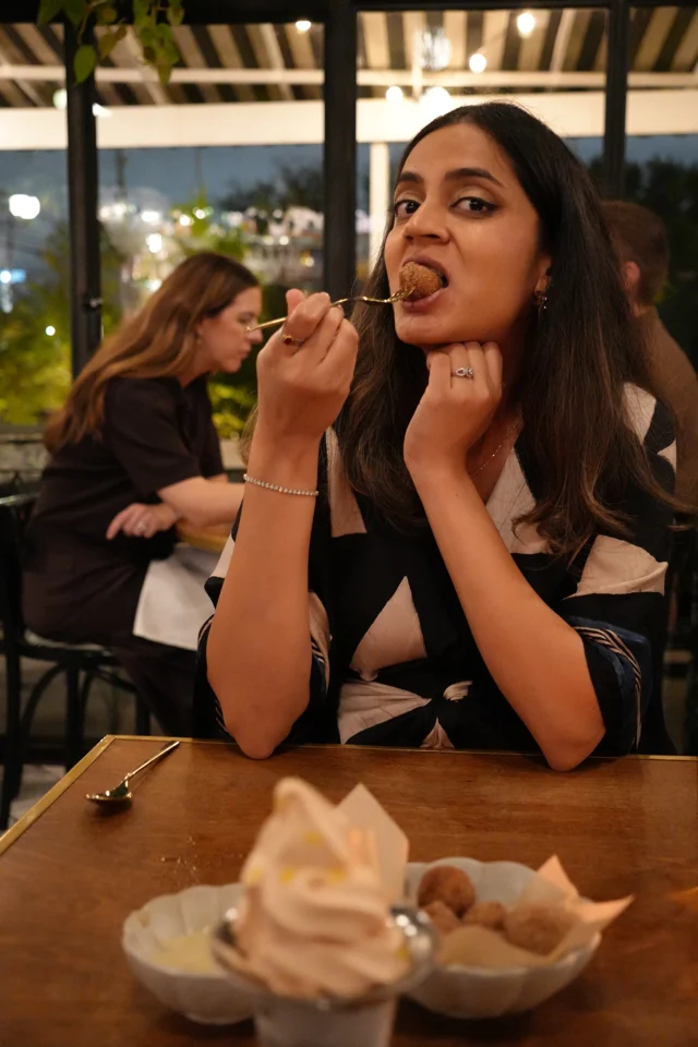 Mital enjoying anniversary dessert
