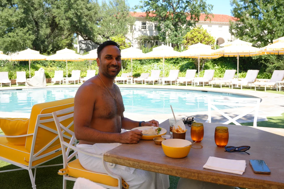 Sagar enjoying poolside lunch