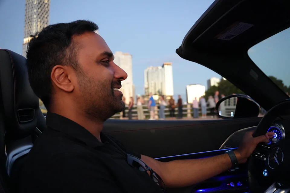 Sagar driving through Austin