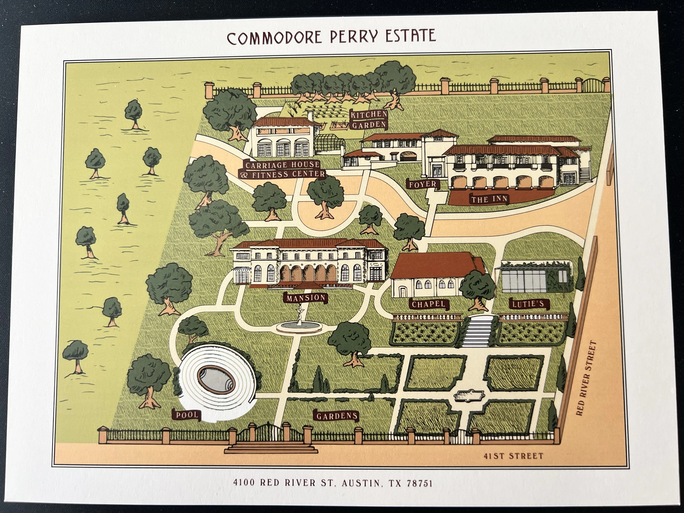 Our illustrated Commodore Perry Estate map, showing the mansion, pool, gardens, chapel, Lutie’s, inn, carriage house, and kitchen garden