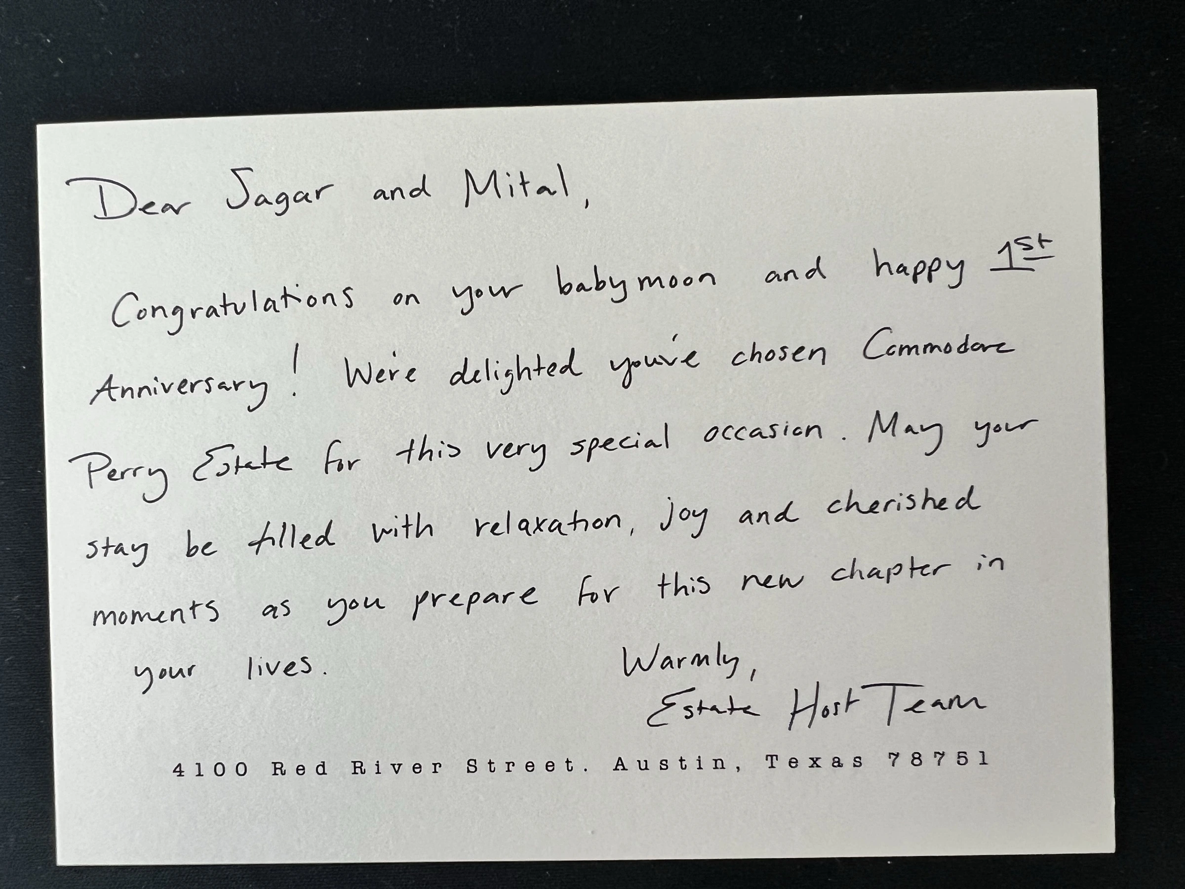 The original handwritten welcome note from the Estate Host Team